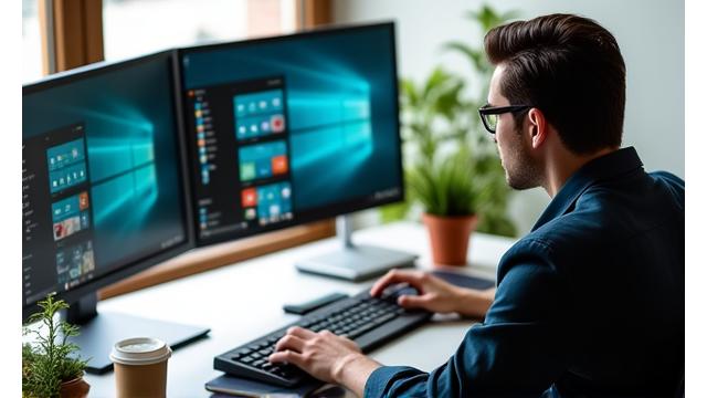 Persona trabajando eficientemente con múltiples pantallas y herramientas digitales