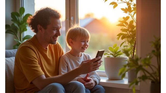 Familia utilizando electrodomésticos eficientes y paneles solares en su hogar
