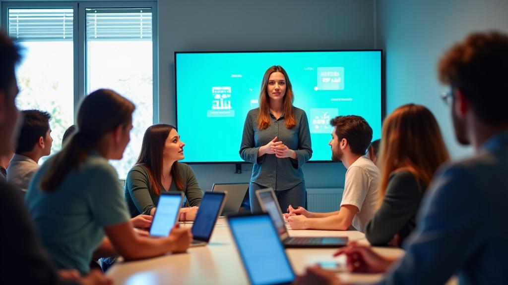 Personas aprendiendo en un taller moderno con tecnología interactiva
